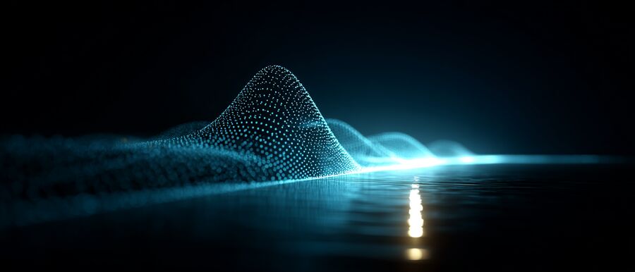 Dark glossy digital ocean horizon with neon waveforms