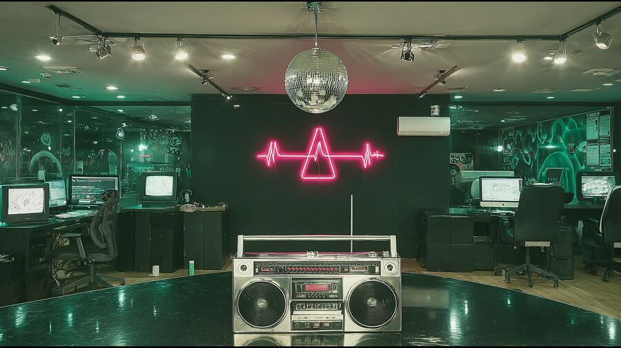 90s hip-hop coded media studio meets 80s arcade