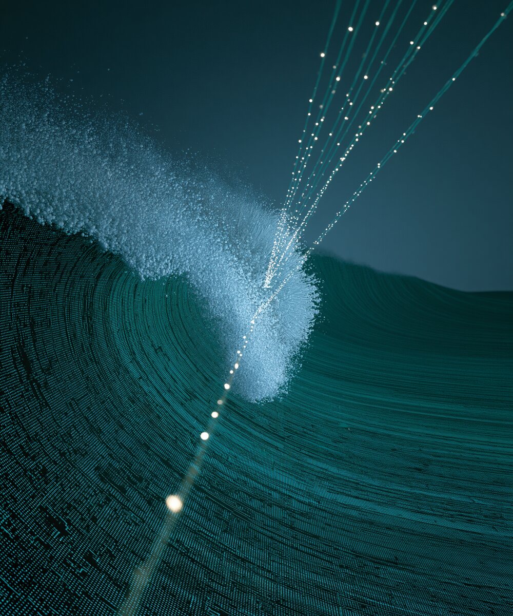 Neon-blue digital ocean wave made of glowing pixels