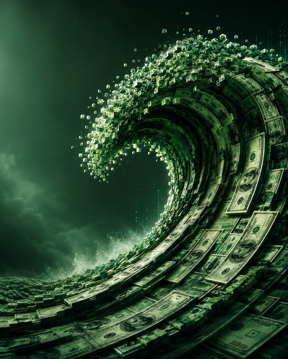 Towering ocean wave made of dollar bills cresting against a stormy green sky