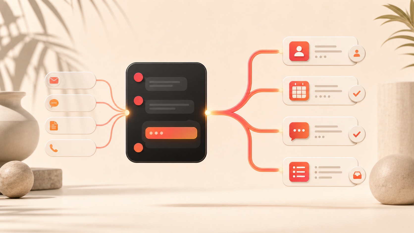 Incoming messages flowing through an AI assistant into leads, appointments, answered questions, and organized tasks