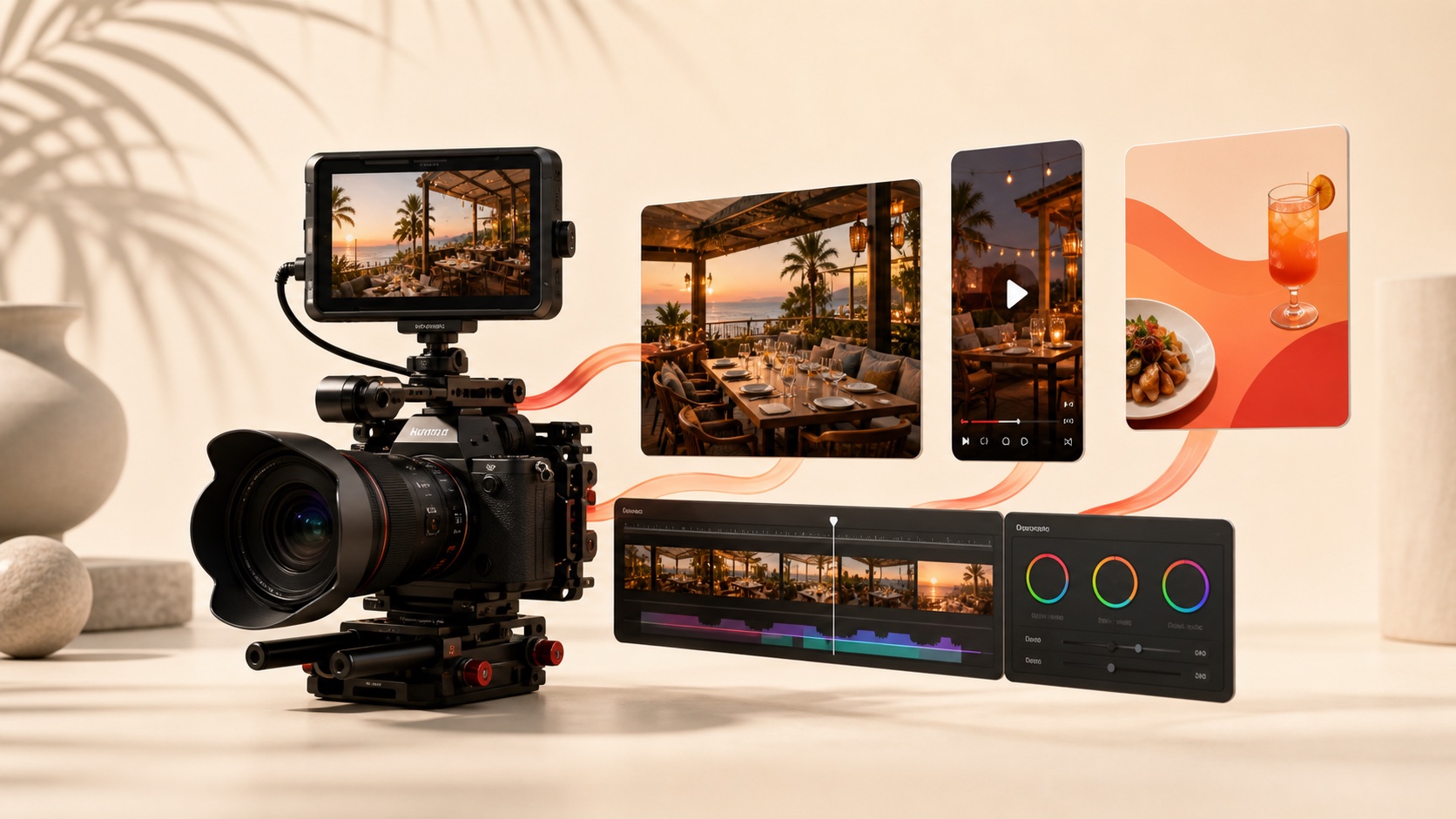 Camera, finished restaurant content, editing timeline, and color controls connected in one production workflow