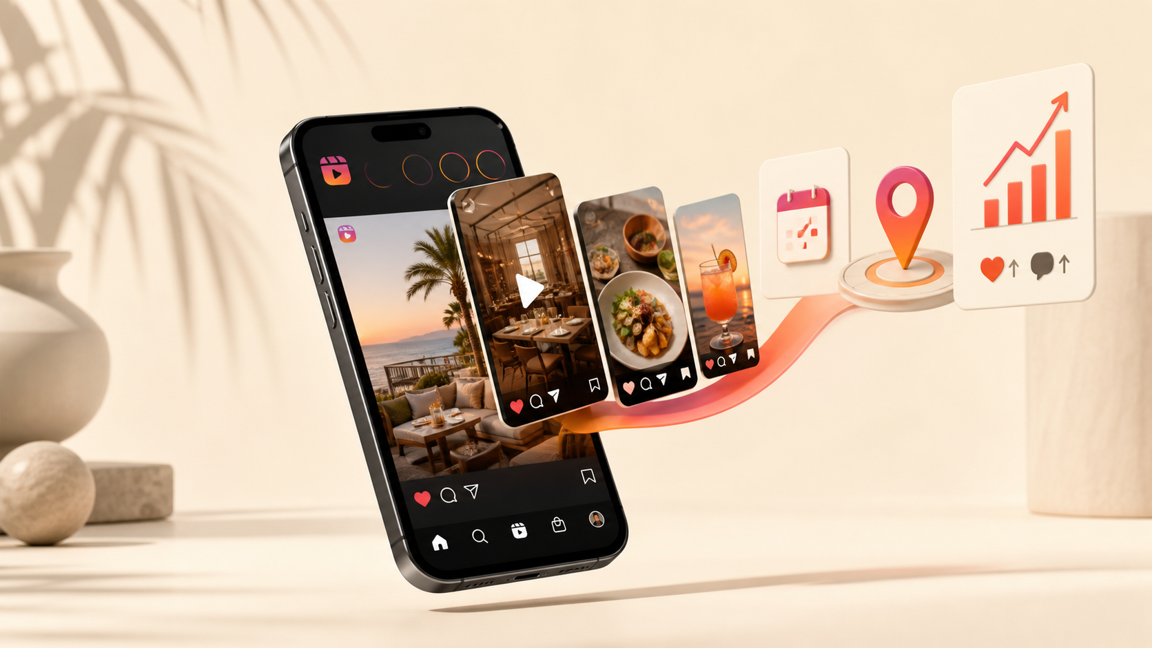 Stylized phone showing social posts becoming reservations, local visits, and measurable growth