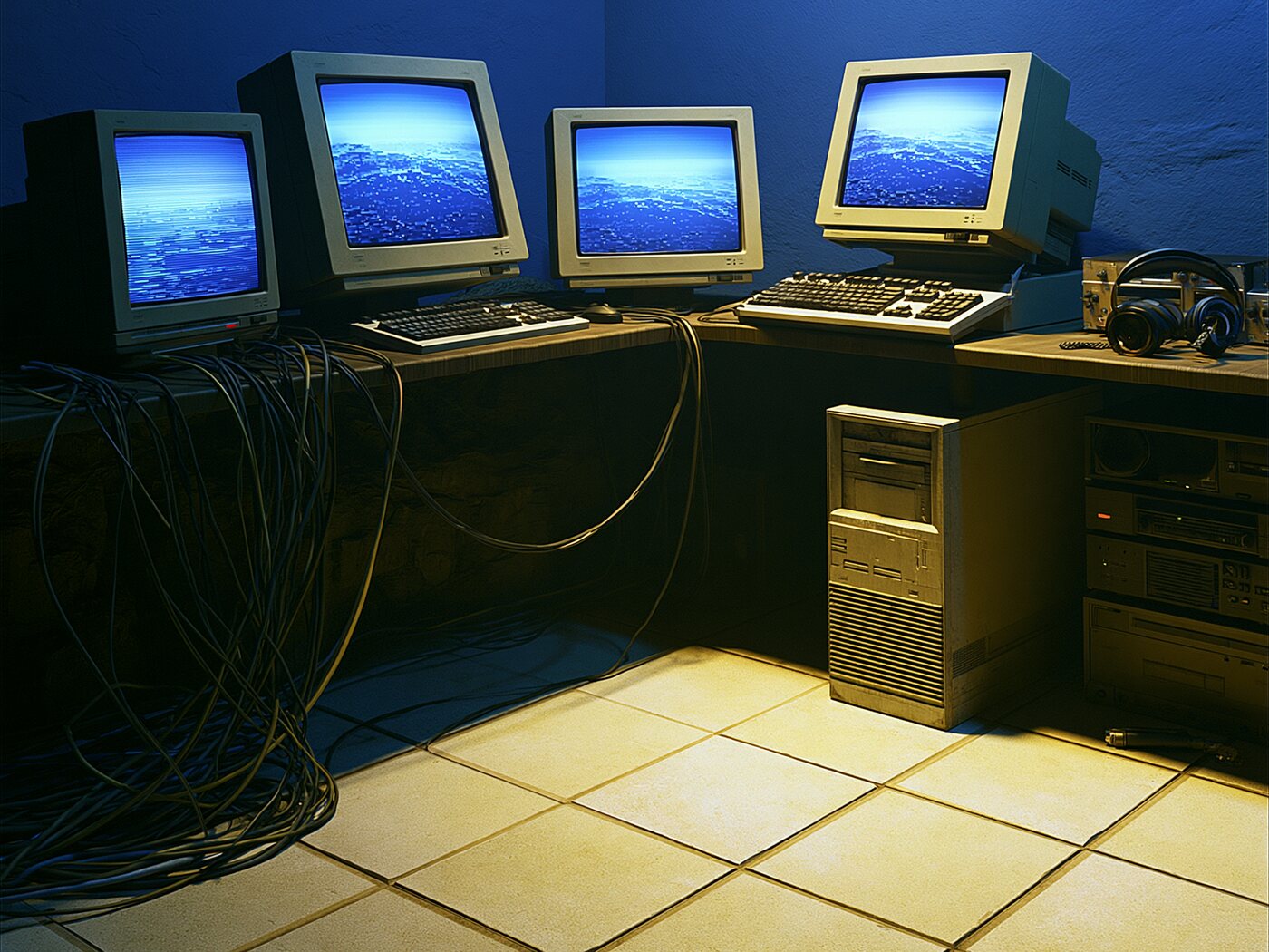 Media Wave SD studio — glowing workstation with digital ocean visuals