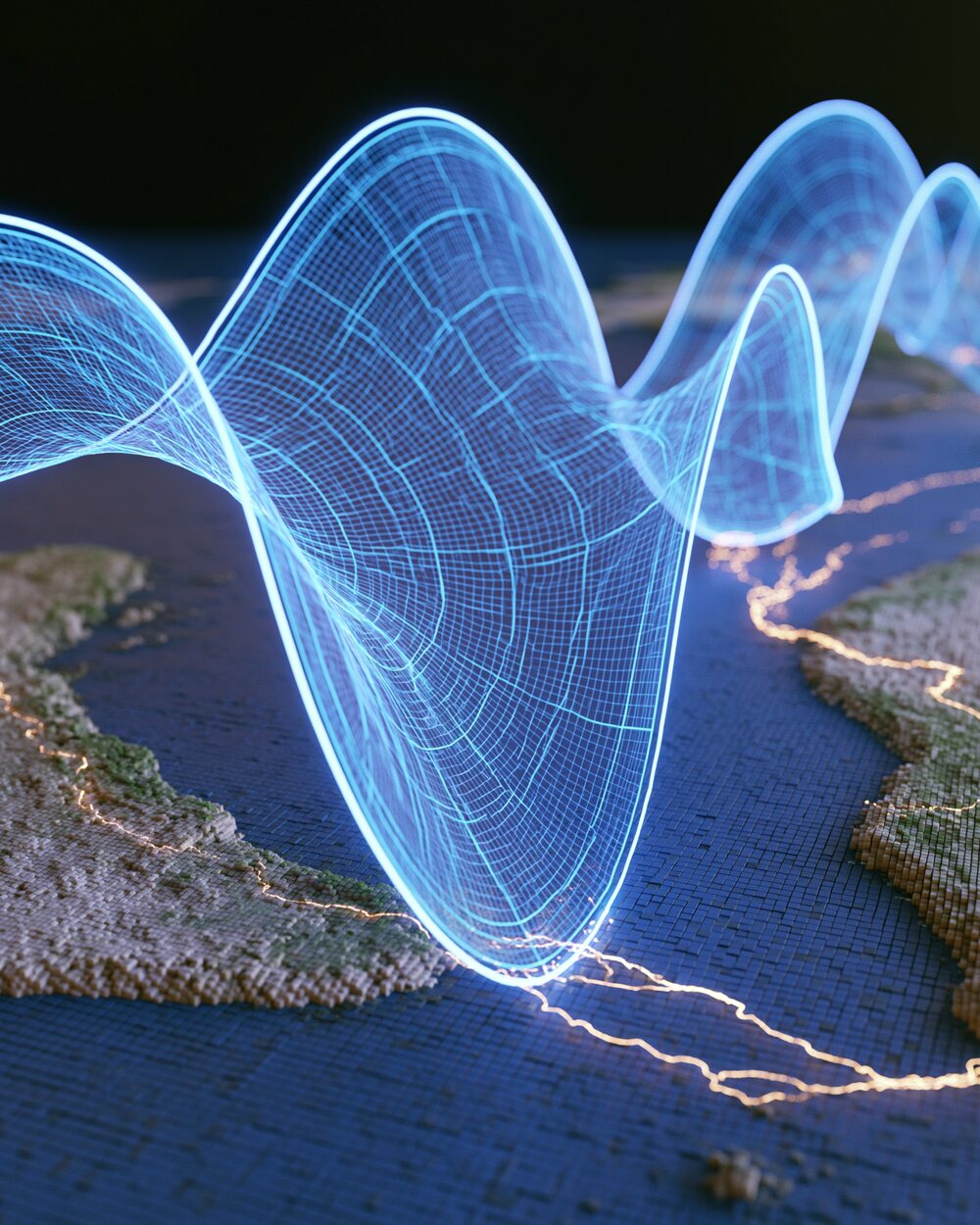 Neon radar wave over a pixelated ocean map, representing AI work
