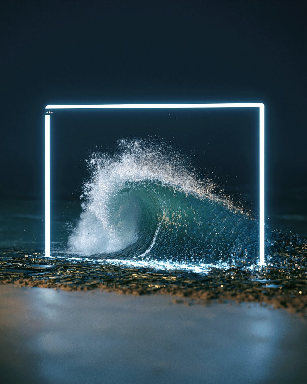 Neon browser window dissolving into a wave, representing local brand work